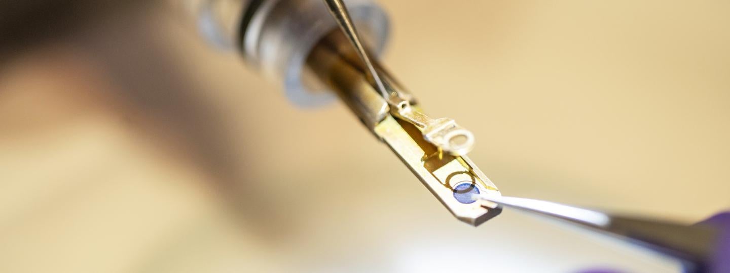 A person manipulates a tiny sample of material using needle-like implements.
