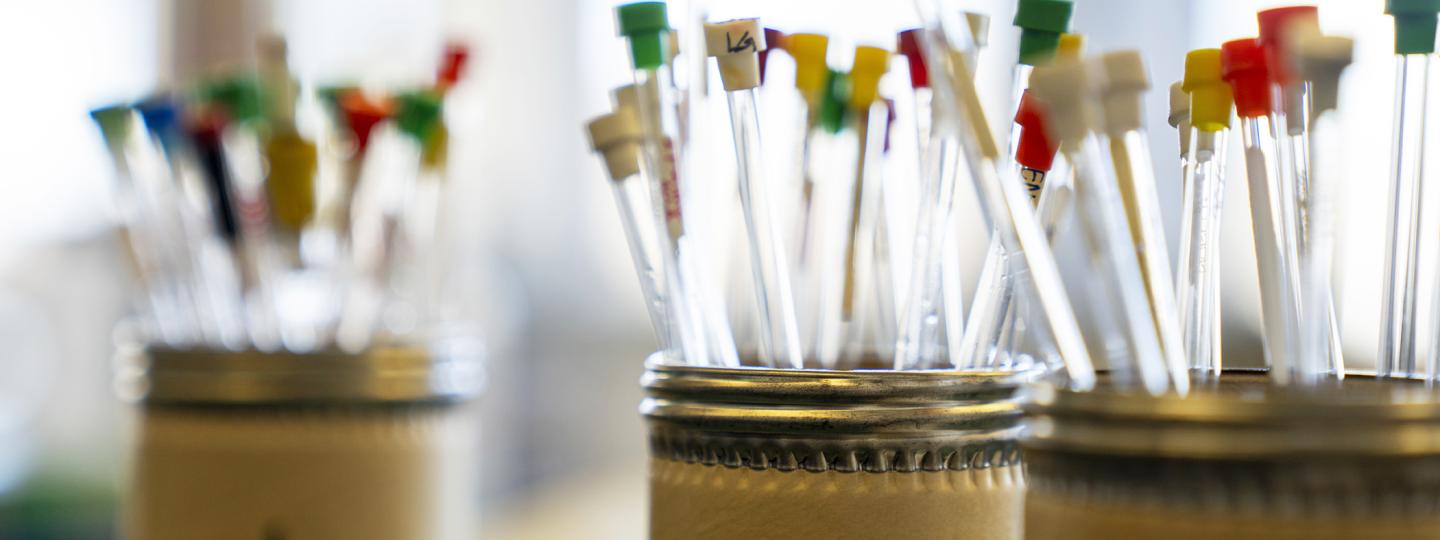 Glass tubes with green, yellow, red, and white caps.