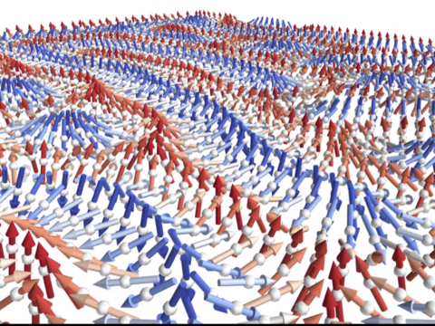 Many small arrows form an image of a swirling vortex and lines along a flat plane. The arrows are colored in red and blue to represent the direction of travel.