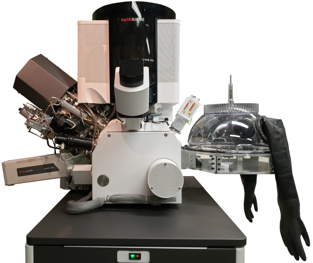 ThermoFisher Scientific Helios Hydra Multi-Ion Species Plasma FIB-SEM with the Noble Dome Air-Free Transfer System attached.